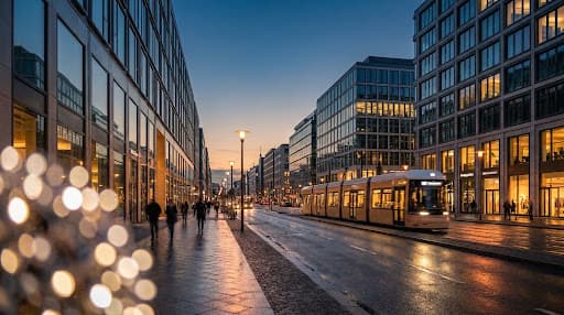 Berlin rooftops and streets at dusk